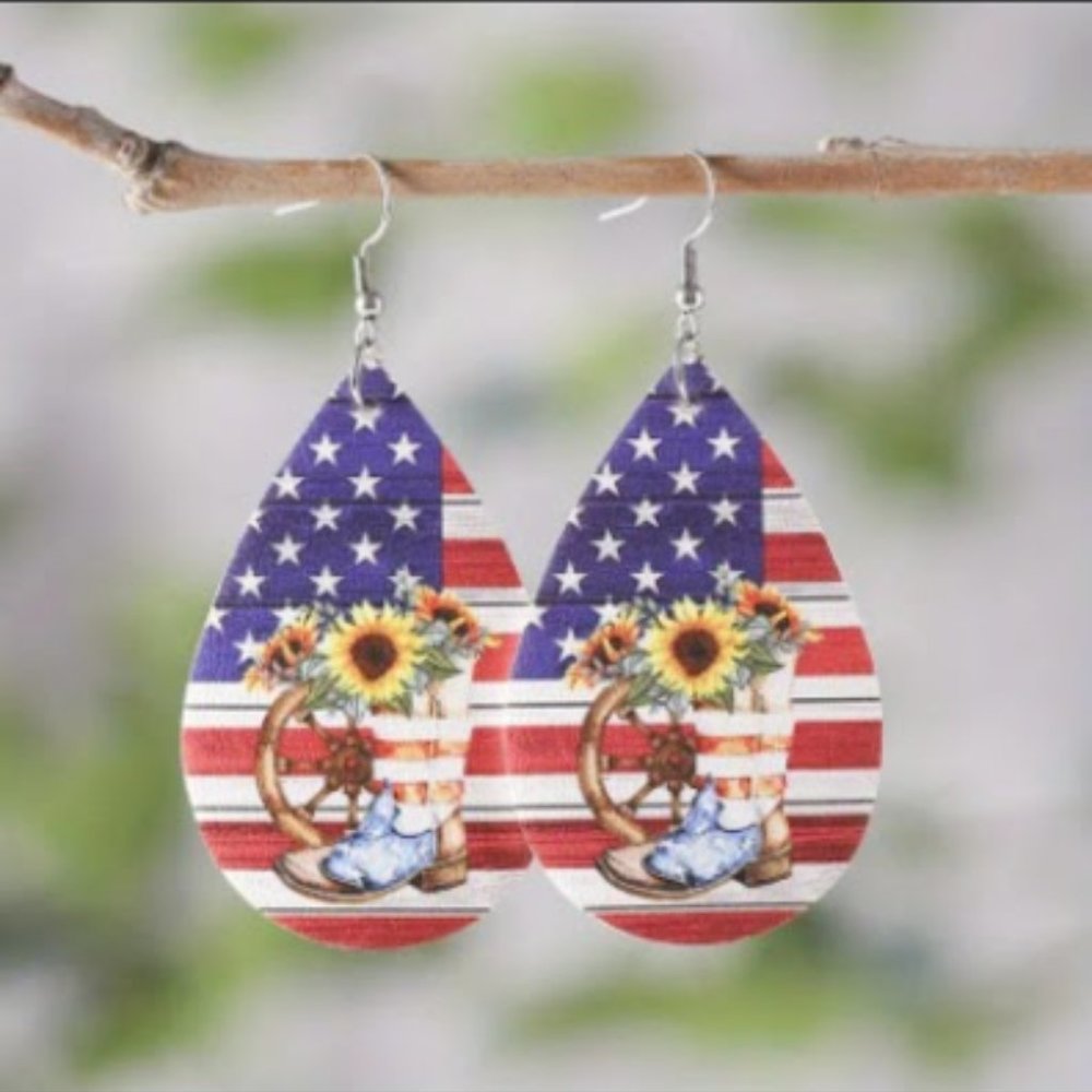 PU Leather Double-sided Western Dangle Earrings with .925 Silver Hooks
